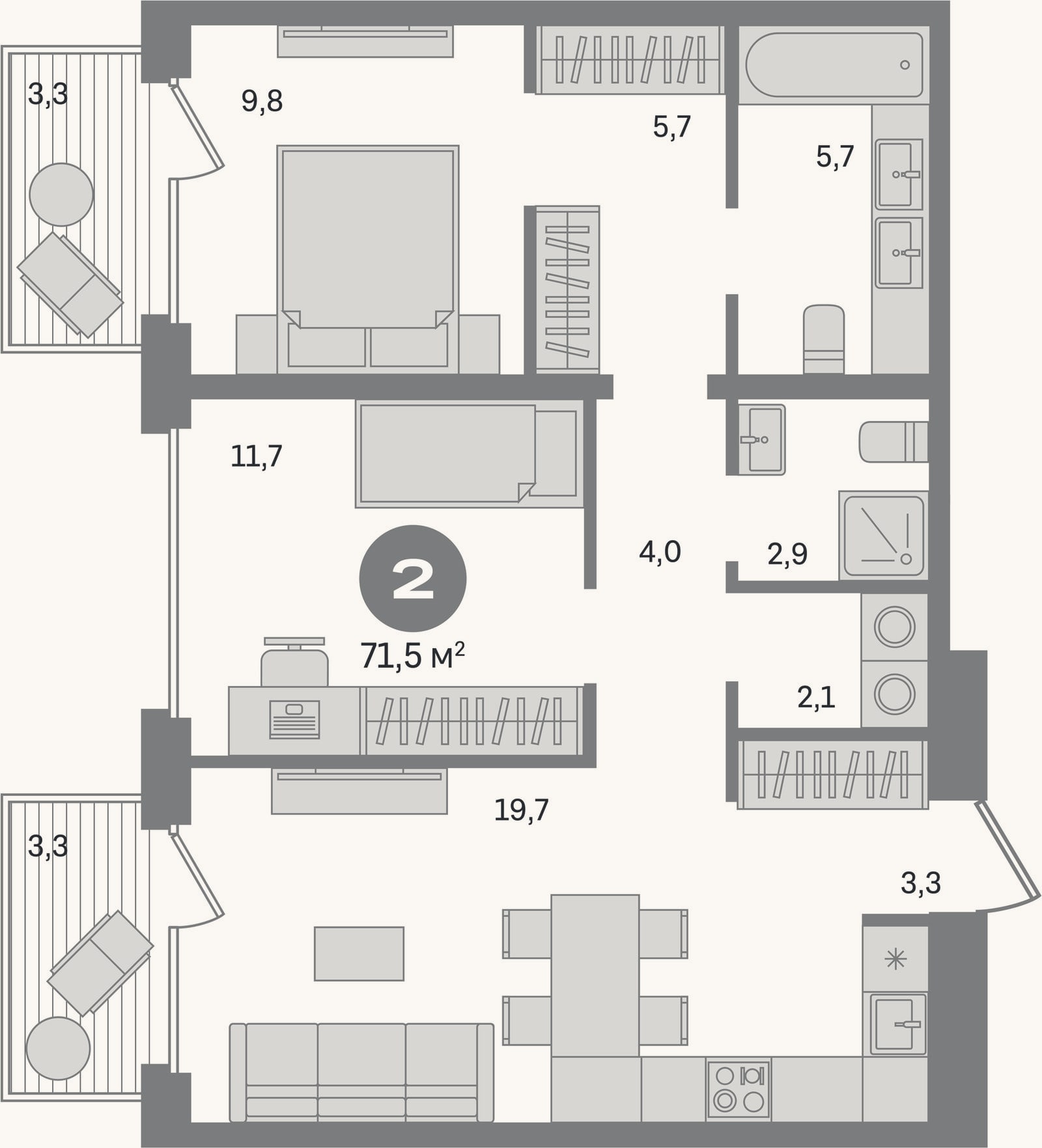 Планировка: 2-к, 64,8 м²