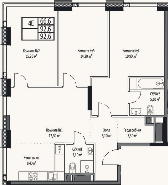 Планировка: 4+ к, 92,6 м²