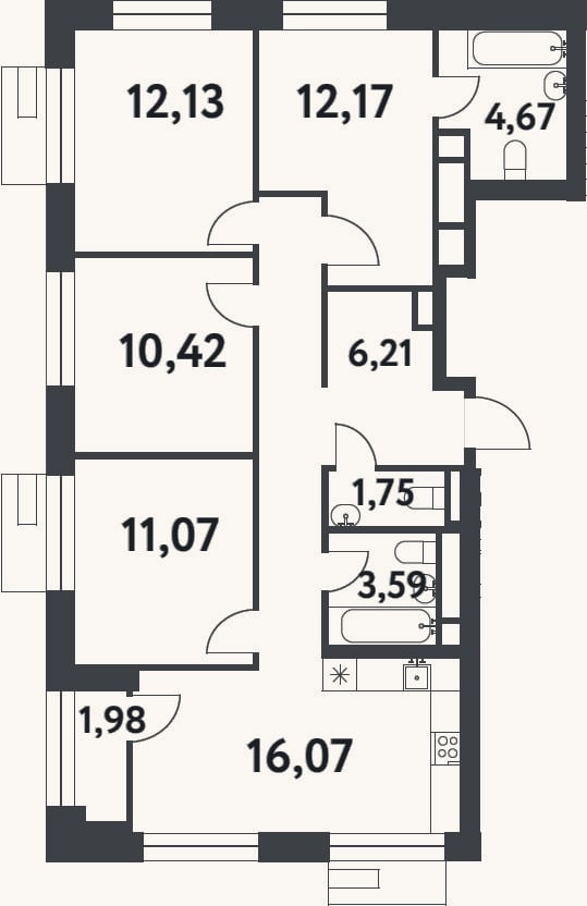 Планировка: 3-к, 87,4 м²