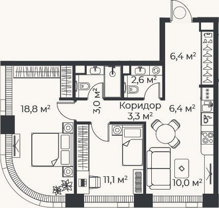 Планировка: 3-к, 61,4 м²