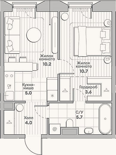 Планировка: 2-к, 39,2 м²
