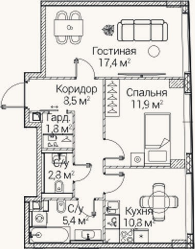 Планировка: 2-к, 58,5 м²