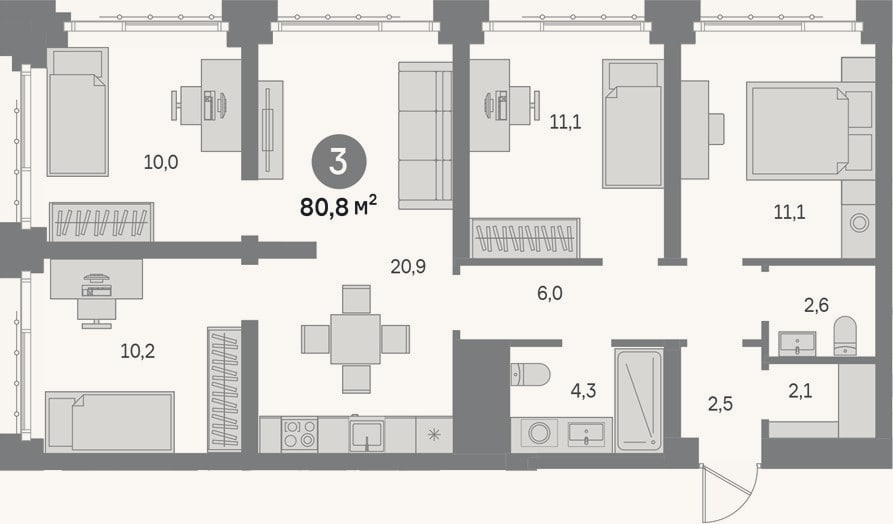 Планировка: 4+ к, 80,8 м²