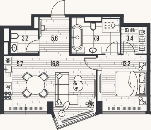 Планировка: 2-к, 59,8 м²