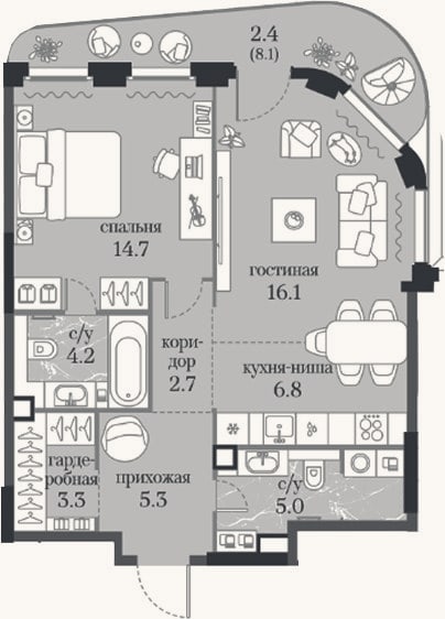 Планировка: 1-к, 58,1 м²