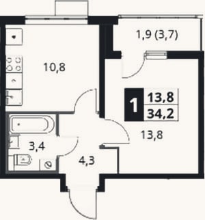 Планировка: 1-к, 32,3 м²