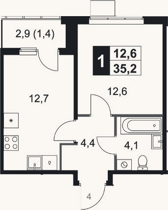 Планировка: 1-к, 33,8 м²
