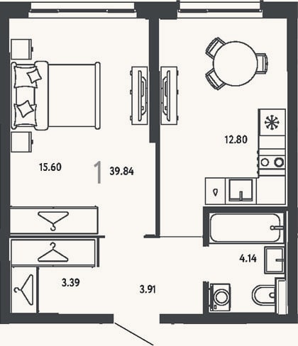 Планировка: 1-к, 39,8 м²