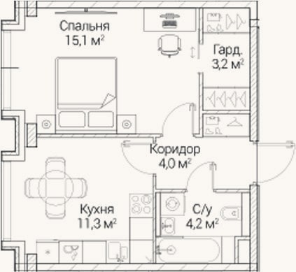 Планировка: 1-к, 37,8 м²