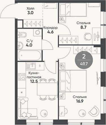 Планировка: 2-к, 49,7 м²