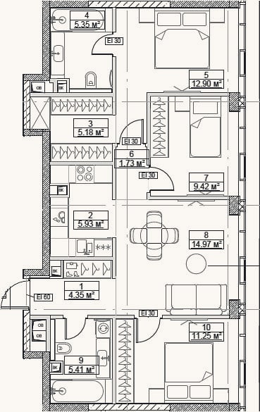 Планировка: 4+ к, 76,5 м²