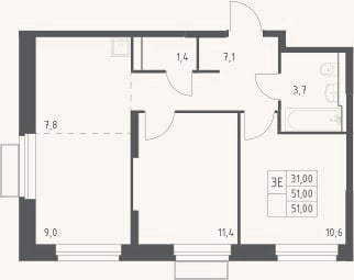 Планировка: 3-к, 51 м²