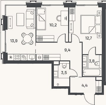 Планировка: 3-к, 57,2 м²