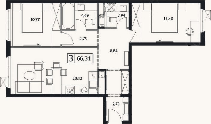 Планировка: 3-к, 66,3 м²