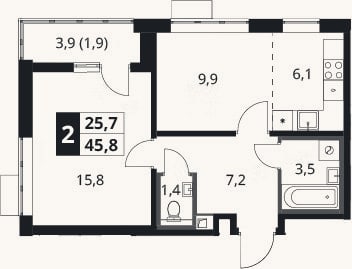 Планировка: 2-к, 43,9 м²