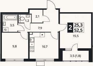 Планировка: 2-к, 51,8 м²