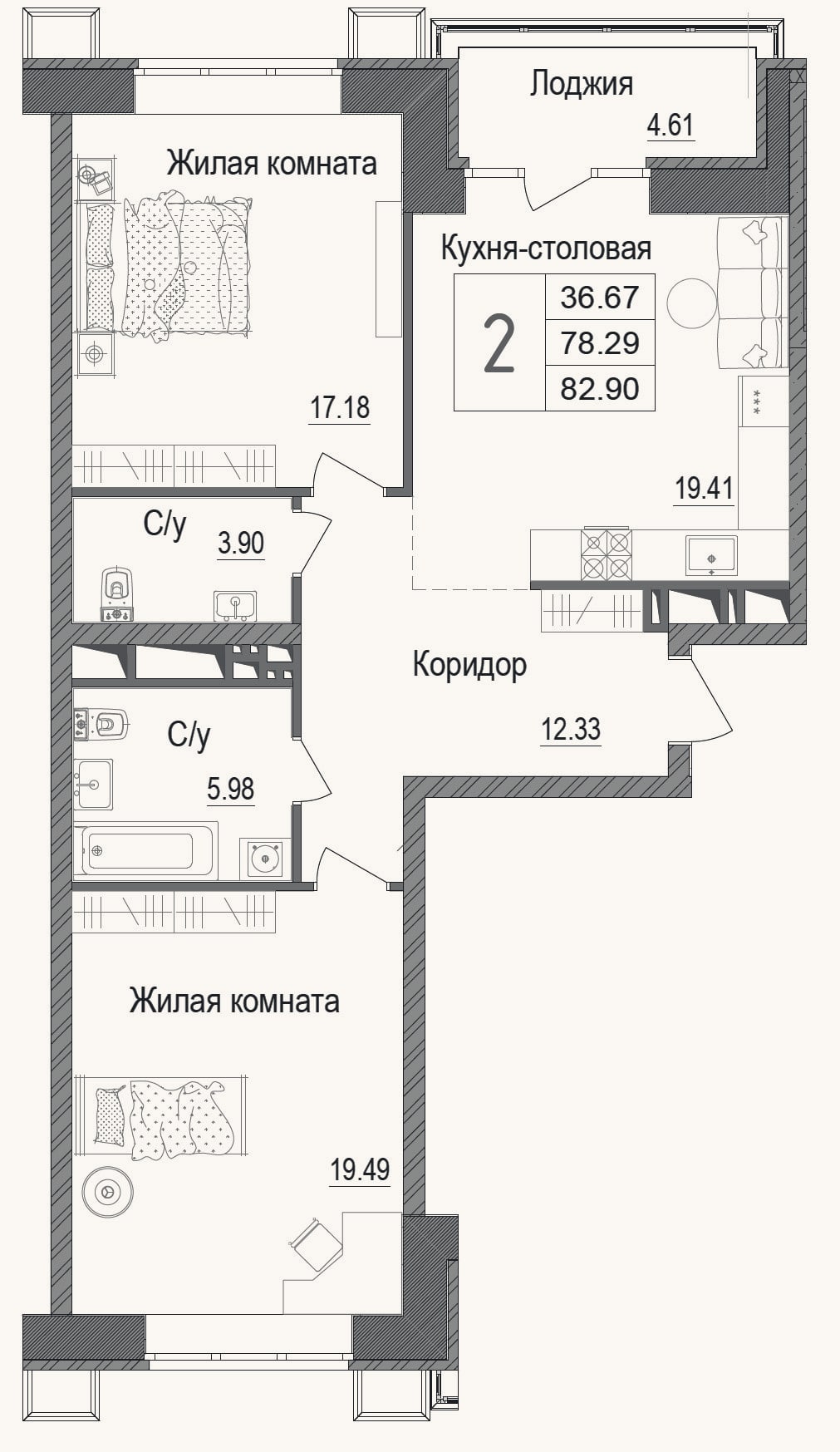 Планировка: 2-к, 76,9 м²