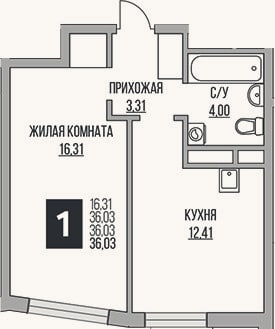 Планировка: 1-к, 36 м²