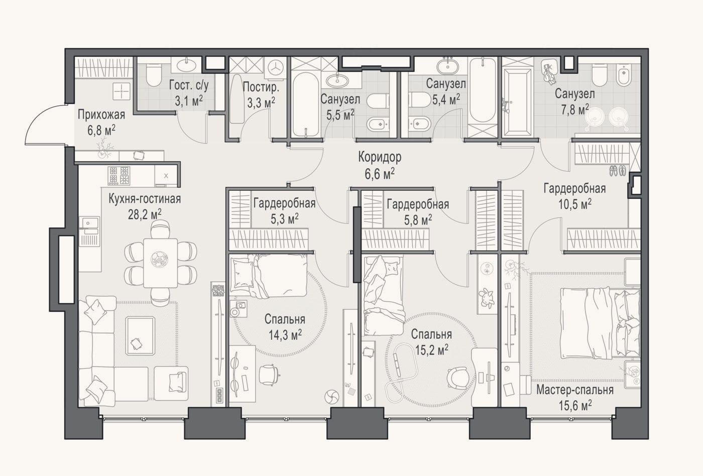 Планировка: 4+ к, 134,6 м²