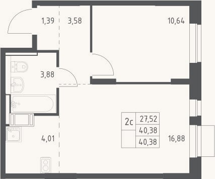 Планировка: 2-к, 40,4 м²