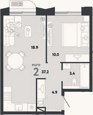 Планировка: 2-к, 37,2 м²