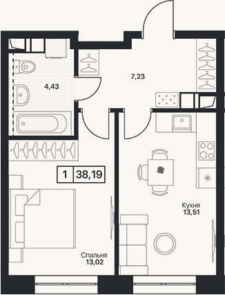 Планировка: 1-к, 38,2 м²