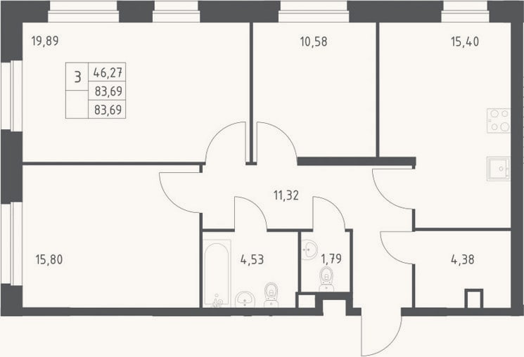 Планировка: 3-к, 83,7 м²