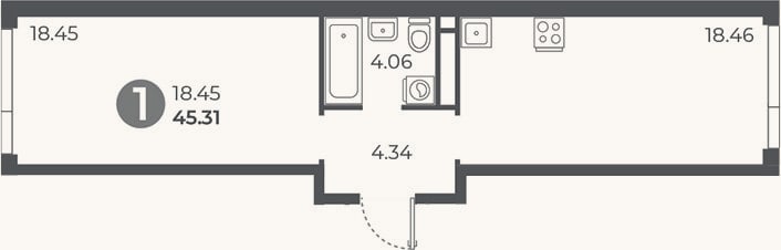 Планировка: 1-к, 45,3 м²
