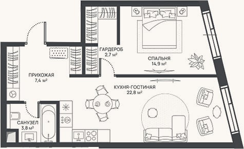 Планировка: 2-к, 51,6 м²