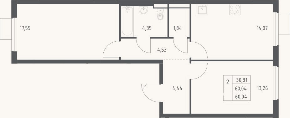 Планировка: 2-к, 60 м²