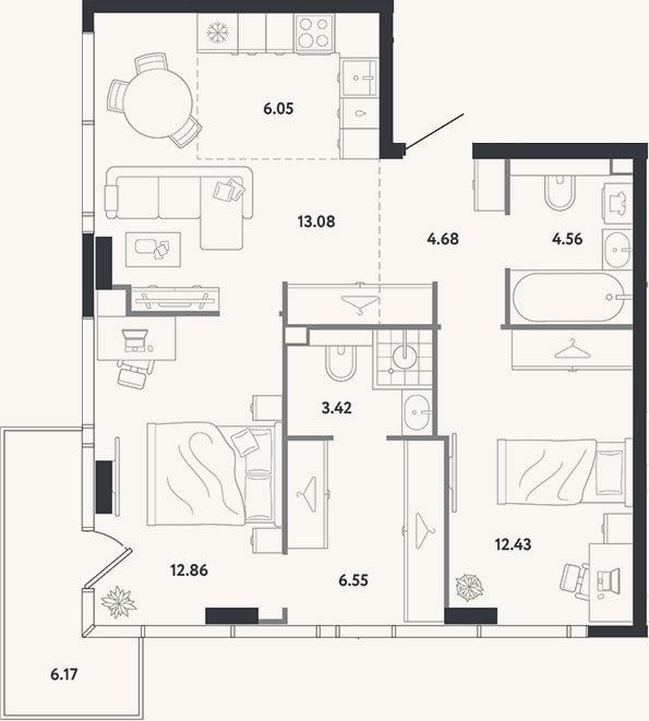 Планировка: 2-к, 63,6 м²