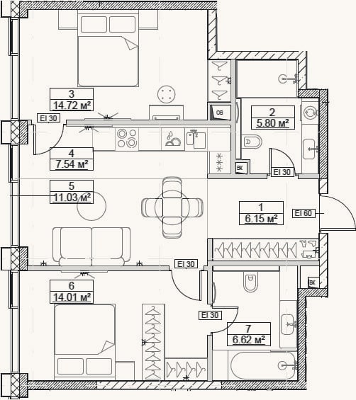 Планировка: 3-к, 65,9 м²