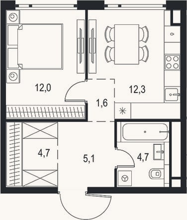 Планировка: 1-к, 40,4 м²