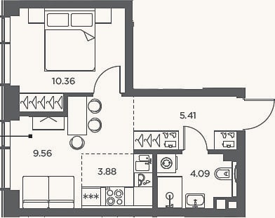 Планировка: 2-к, 33,3 м²