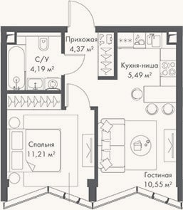 Планировка: 2-к, 35,8 м²