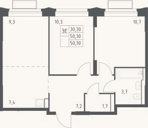 Планировка: 3-к, 50,3 м²