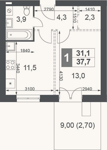 Планировка: 1-к, 35 м²