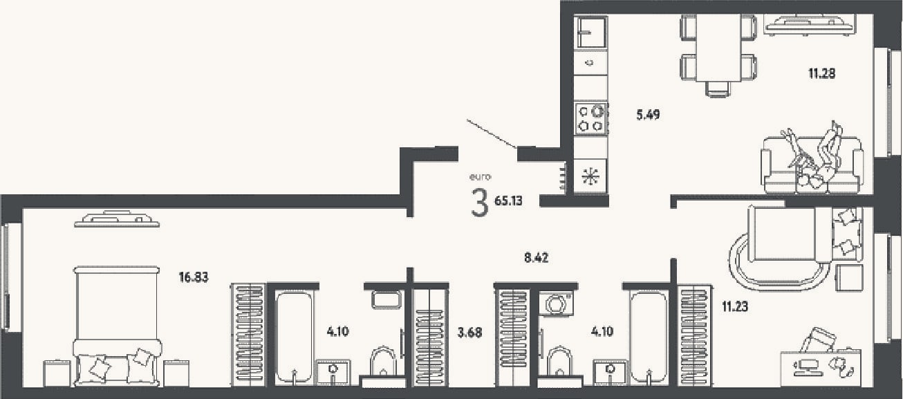 Планировка: 3-к, 65,1 м²