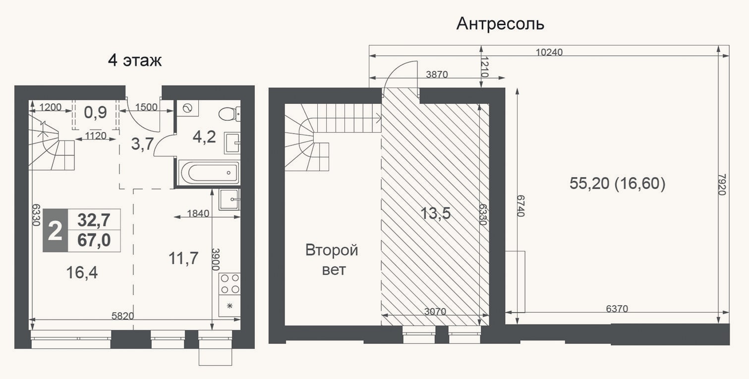 Планировка: 2-к, 50,4 м²