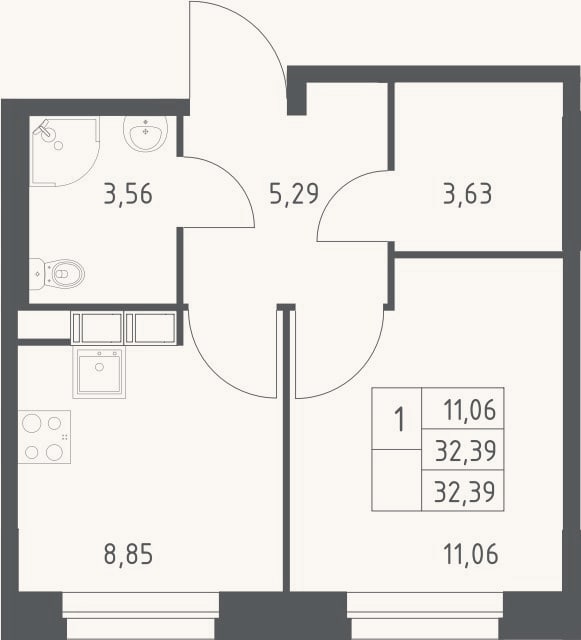 Планировка: 1-к, 32,4 м²