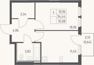 Планировка: 1-к, 34,4 м²