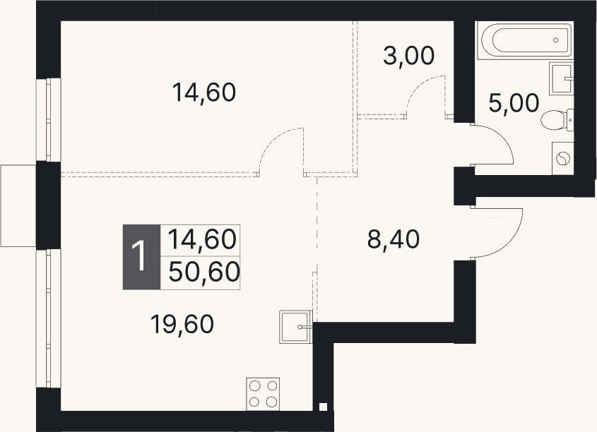 Планировка: 1-к, 50,6 м²