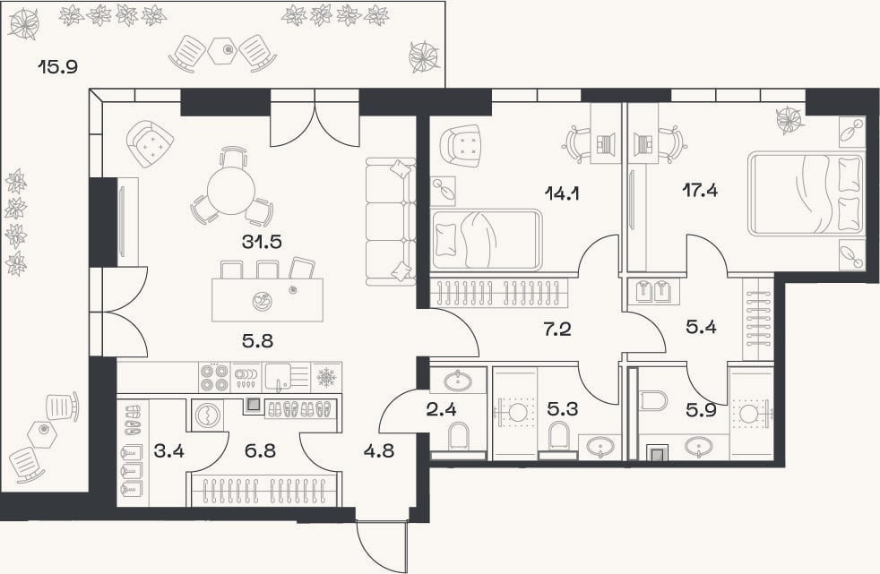 Планировка: 3-к, 110 м²