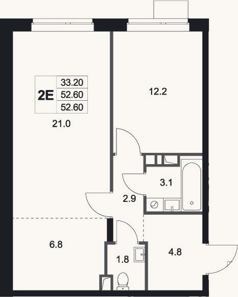 Планировка: 2-к, 52,6 м²