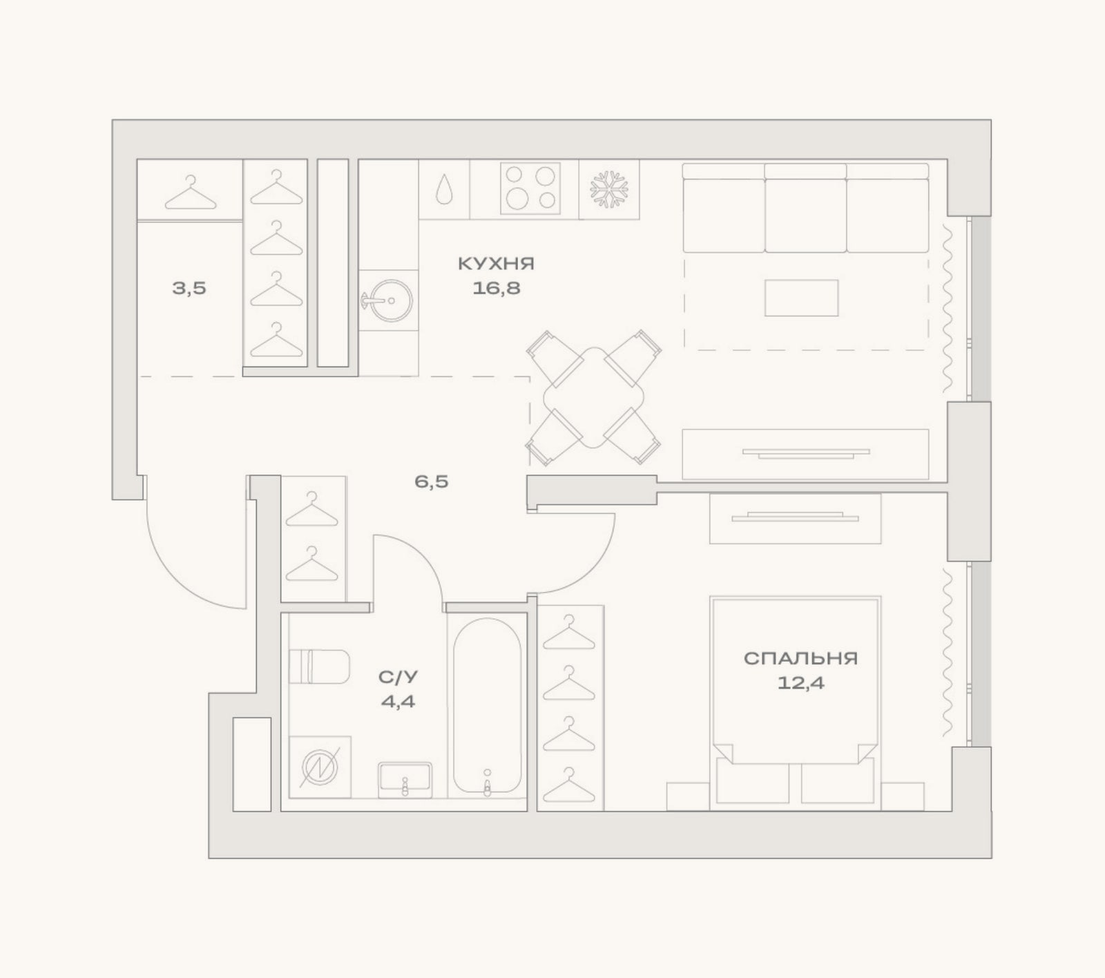 Планировка: 2-к, 43,6 м²