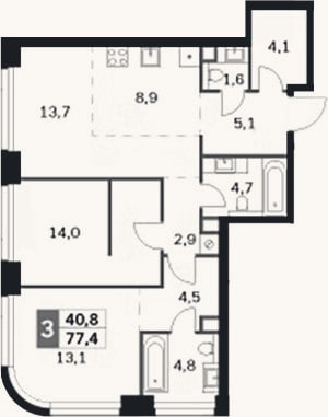 Планировка: 3-к, 77,4 м²