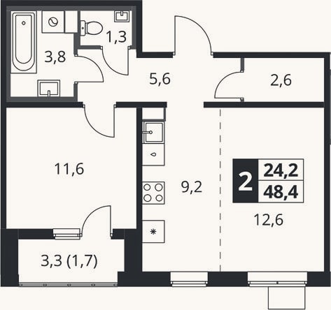 Планировка: 2-к, 48,1 м²