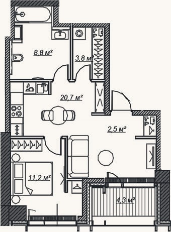 Планировка: 2-к, 46,3 м²