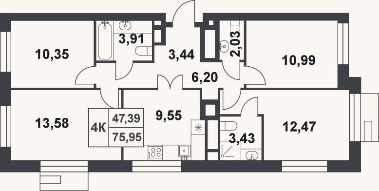 Планировка: 4+ к, 76 м²