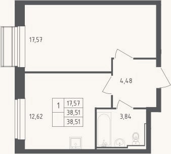 Планировка: 1-к, 38,5 м²